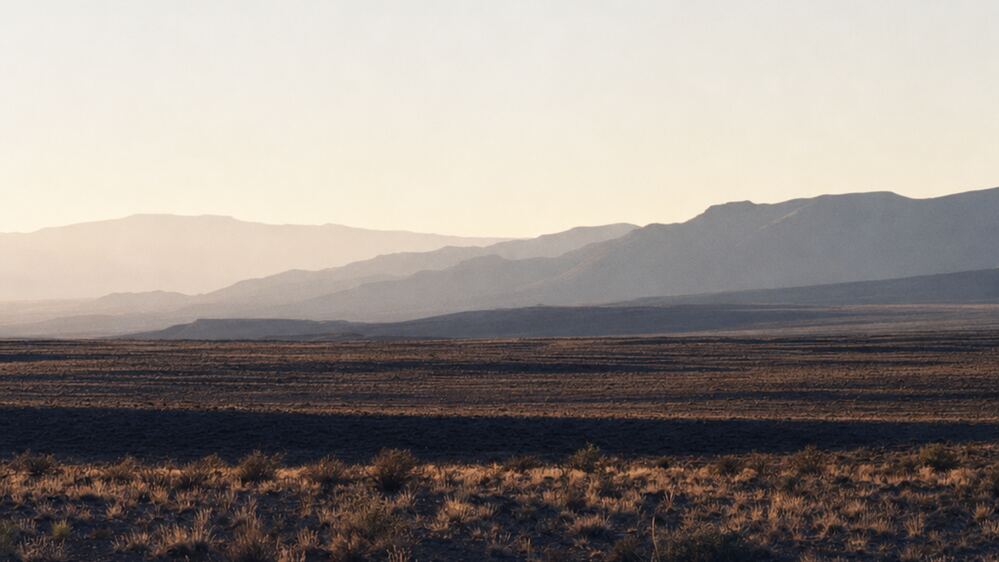 Dawn over the high desert east of Albuquerque, layered ridgelines receding toward the horizon.
