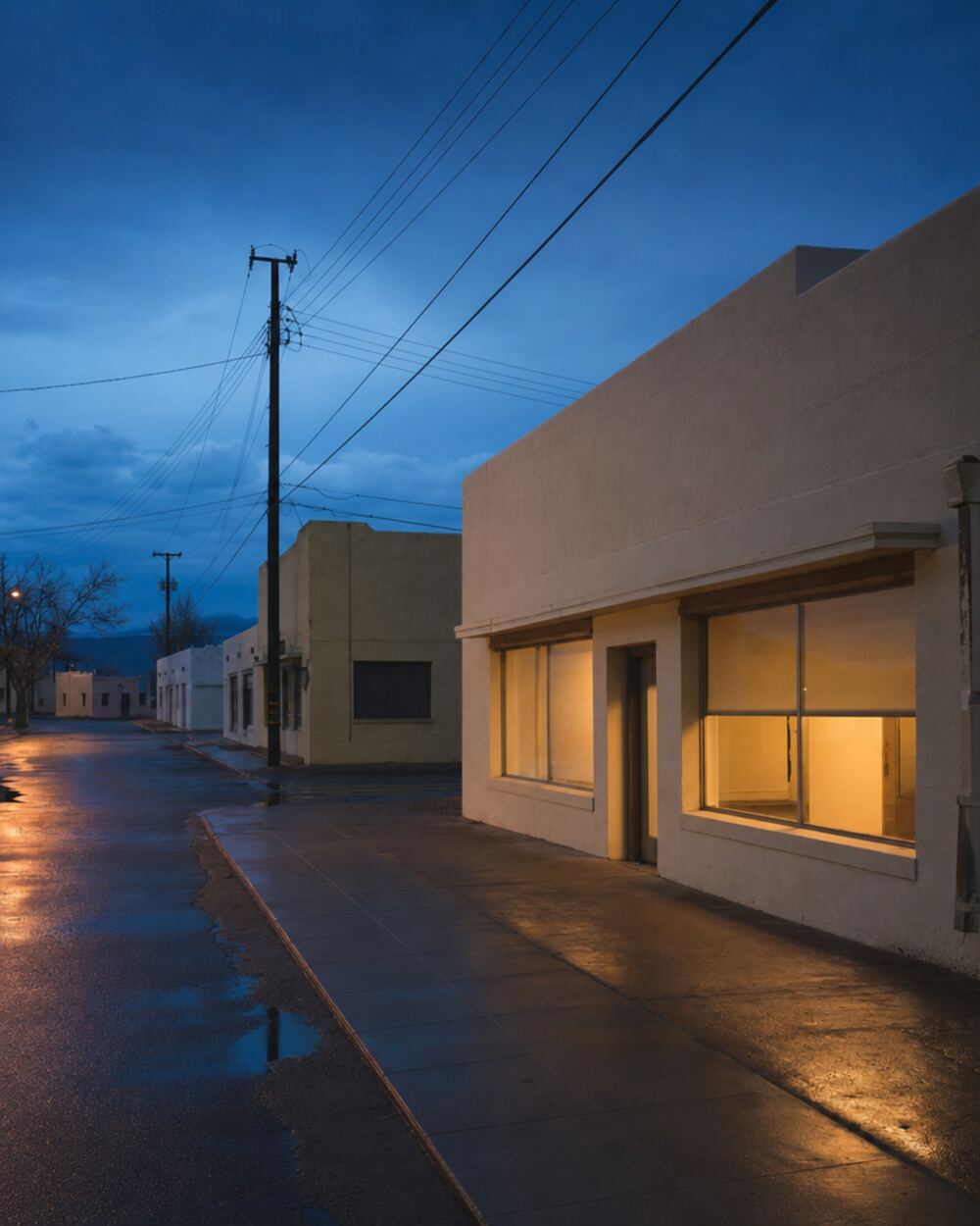 Low-rise southwestern commercial street at dusk, utility poles silhouetted against the sky.